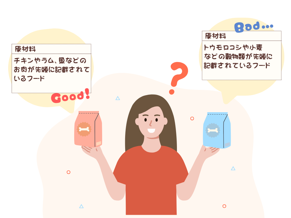 ドッグフードを選ぶ飼い主と原材料表